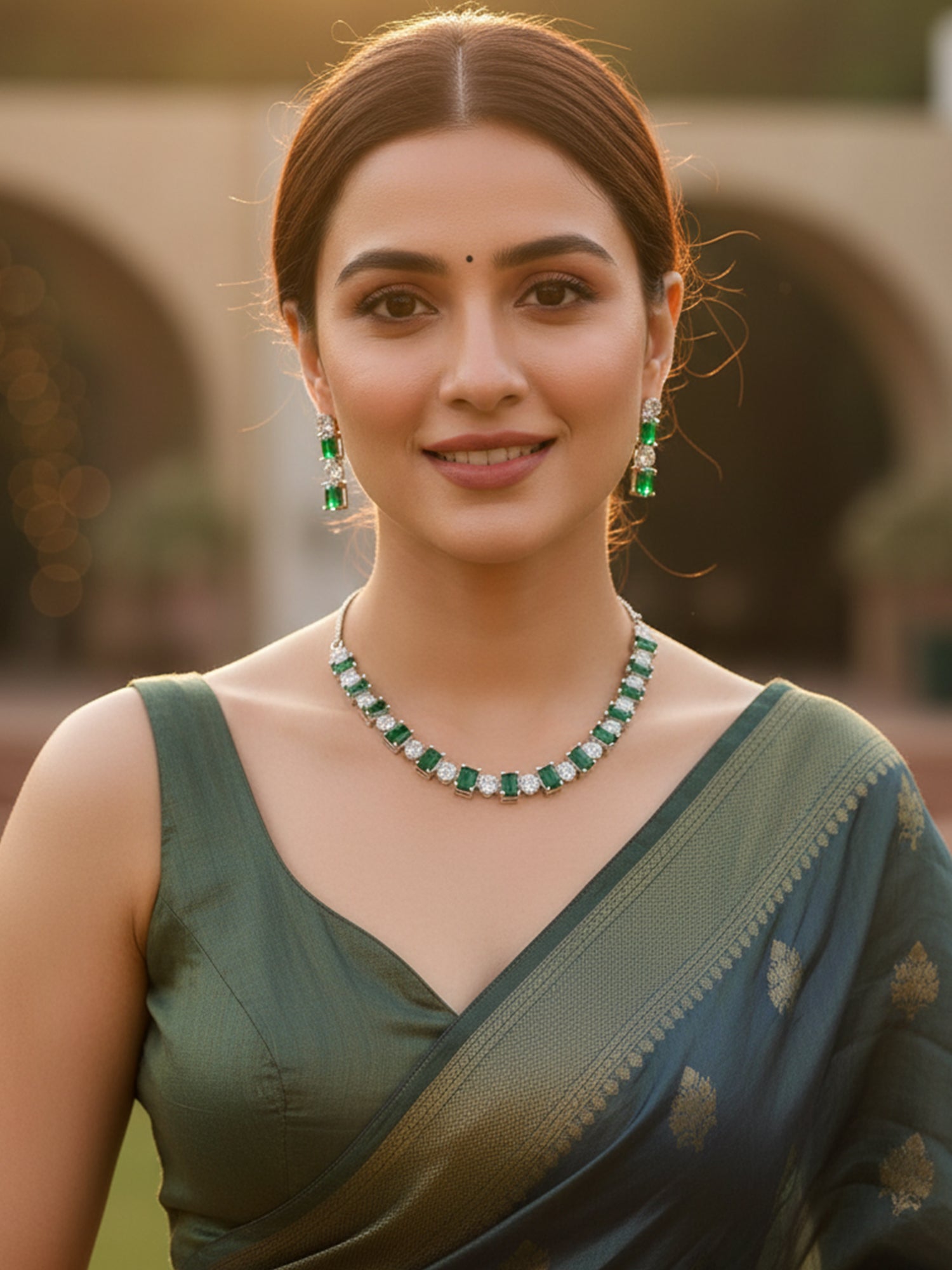 KARATCART Silver-Plated Green American Diamond Delicate Necklace Set for Women