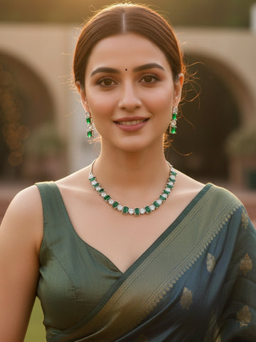 KARATCART Silver-Plated Green American Diamond Delicate Necklace Set for Women