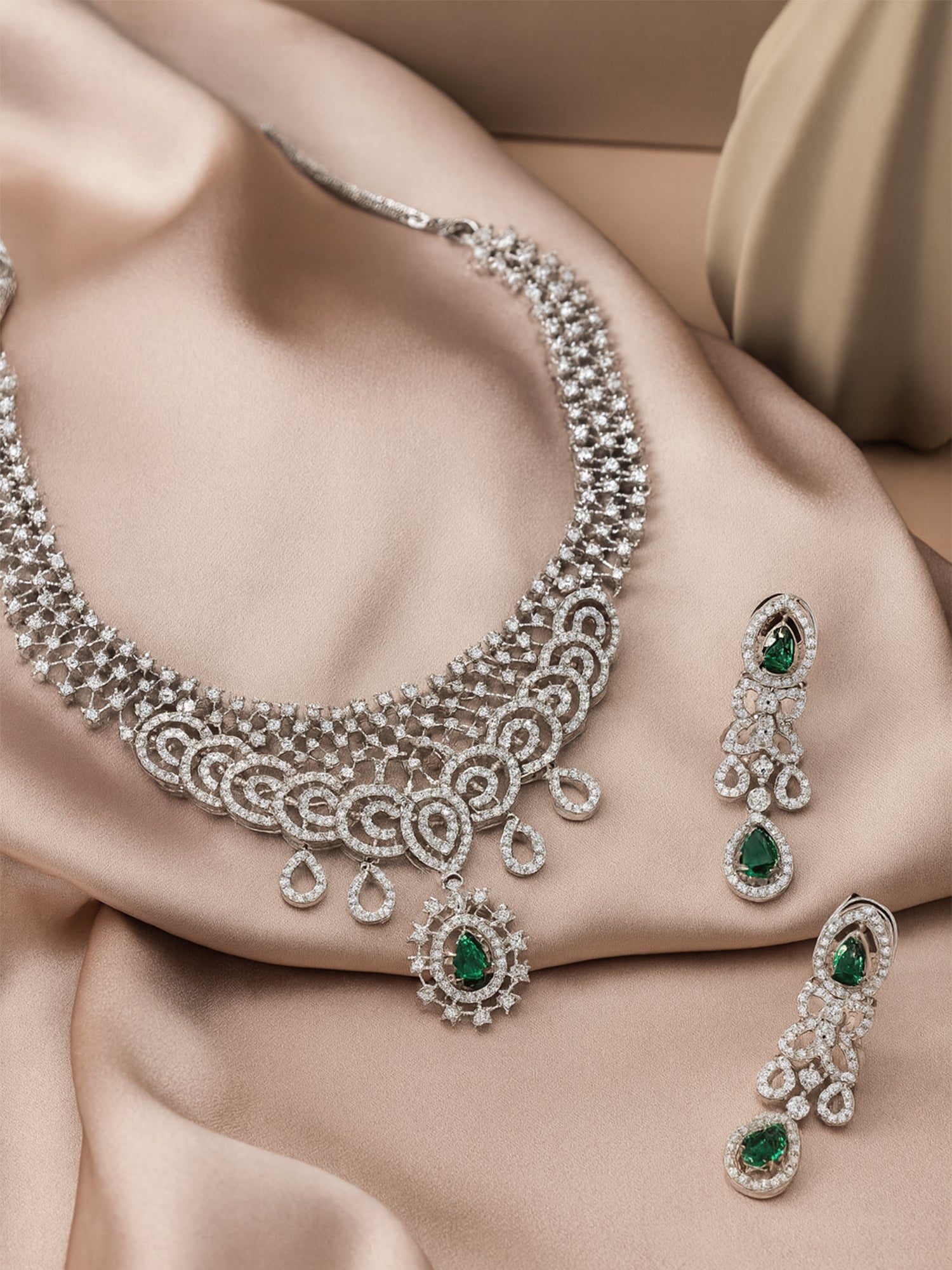 KARATCART Stylish Green Teardrop American Diamond Silver-Tone Jewellery Set for Women