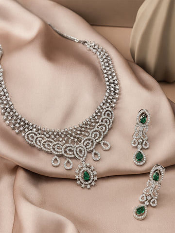KARATCART Stylish Green Teardrop American Diamond Silver-Tone Jewellery Set for Women