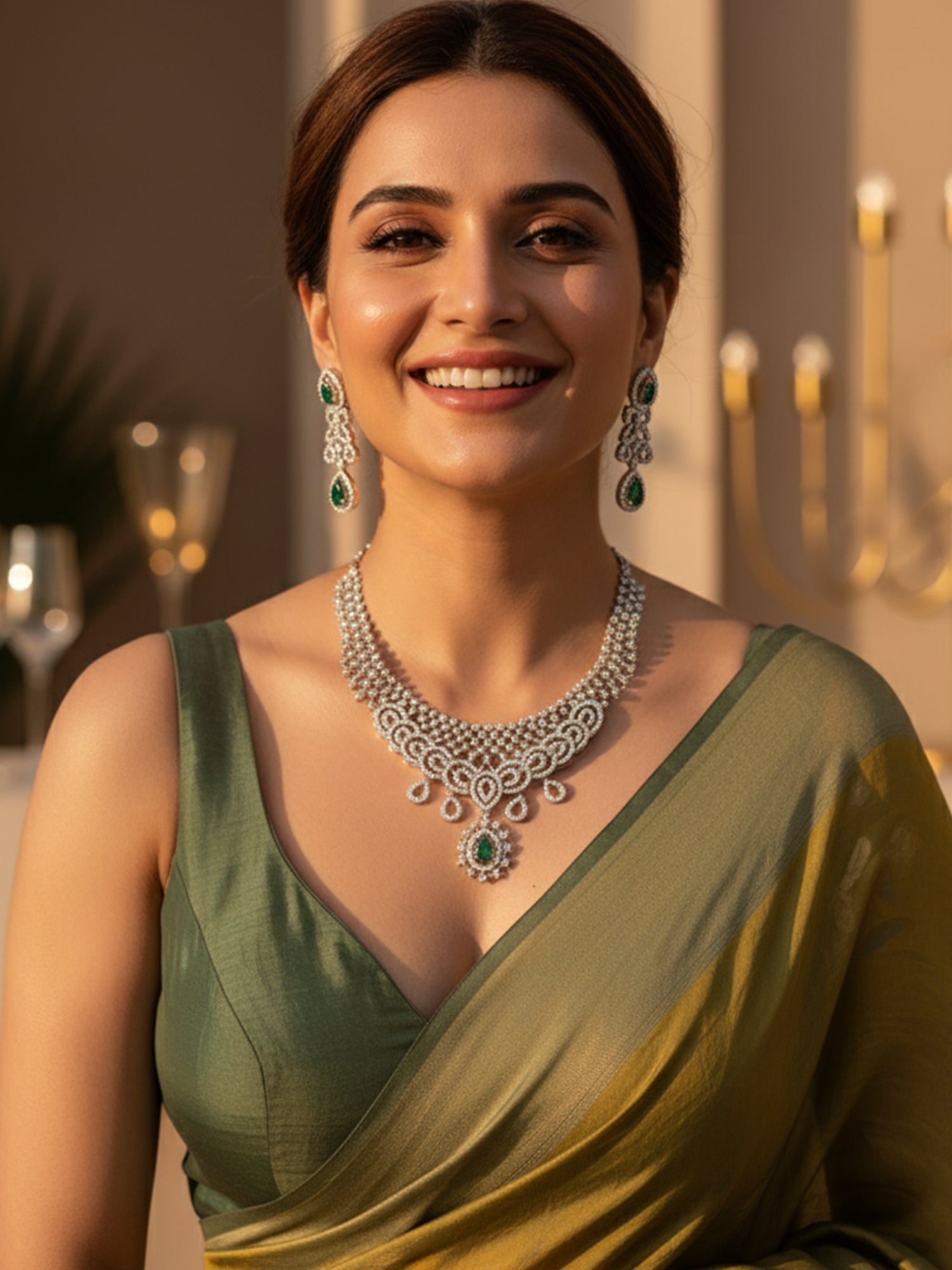 KARATCART Stylish Green Teardrop American Diamond Silver-Tone Jewellery Set for Women