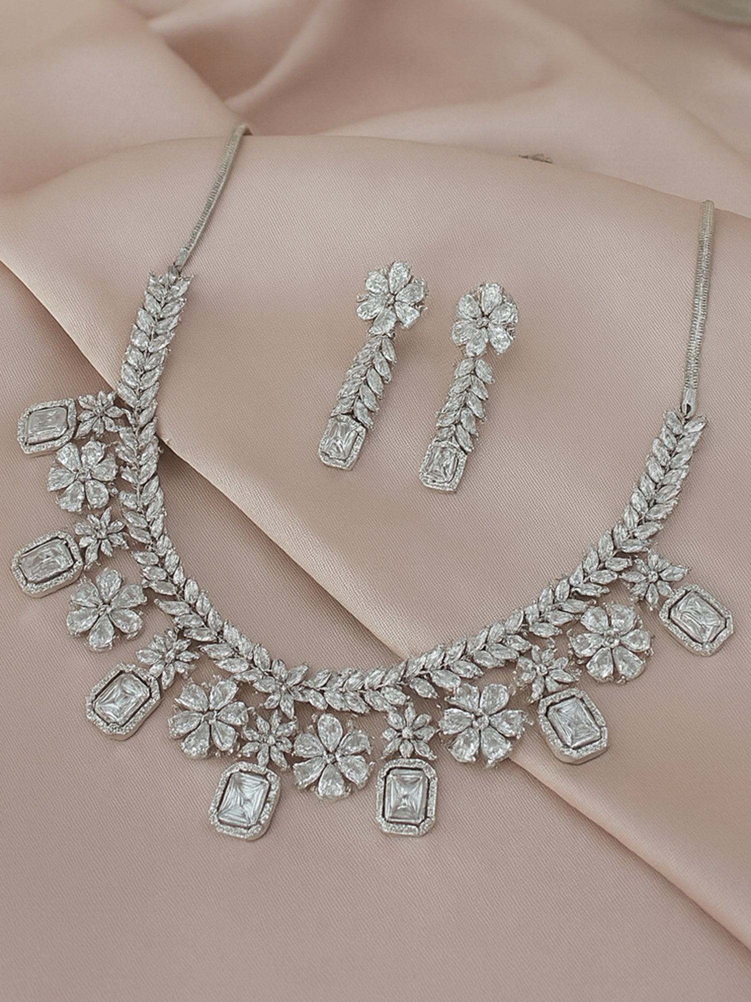 KARATCART Sparkling White American Diamond Silver-Plated Floral Jewellery Set for Women - Image 1
