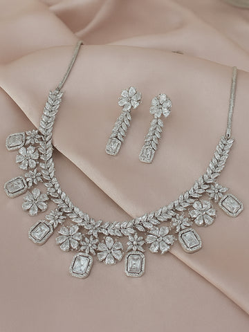 KARATCART Sparkling White American Diamond Silver-Plated Floral Jewellery Set for Women