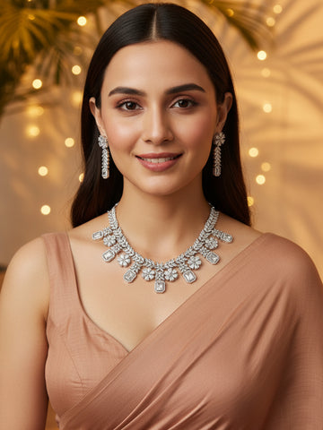 KARATCART Sparkling White American Diamond Silver-Plated Floral Jewellery Set for Women