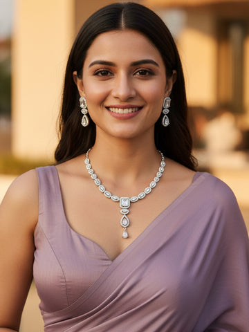 KARATCART Glamorous White American Diamond Silver-Plated Lightweight Jewellery Set for Women