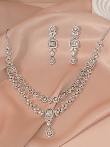 KARATCART Sparkling Pearl and American Diamond Lightweight Silver-Tone Jewellery Set for Women