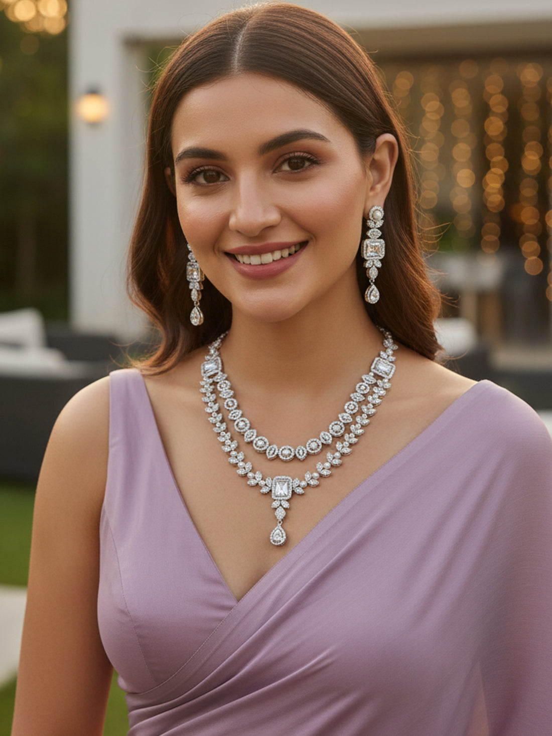 KARATCART Sparkling Pearl and American Diamond Lightweight Silver-Tone Jewellery Set for Women