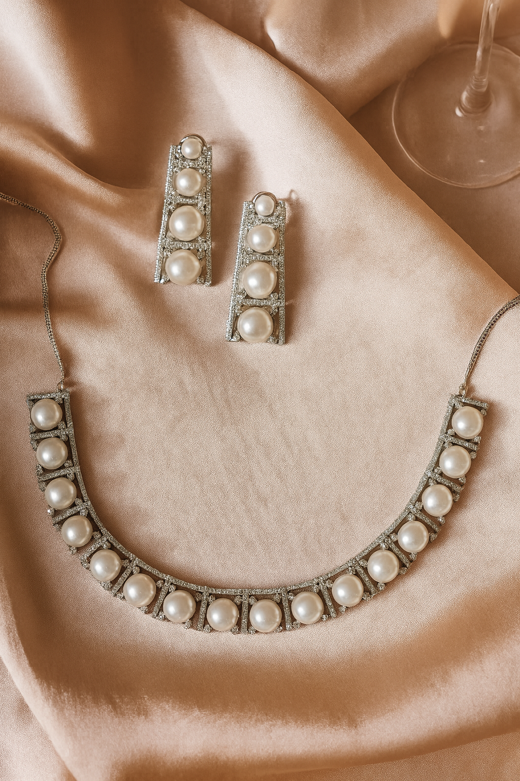 KARATCART Elegant Pearl and American Diamond Silver-Tone Jewellery Set for Women