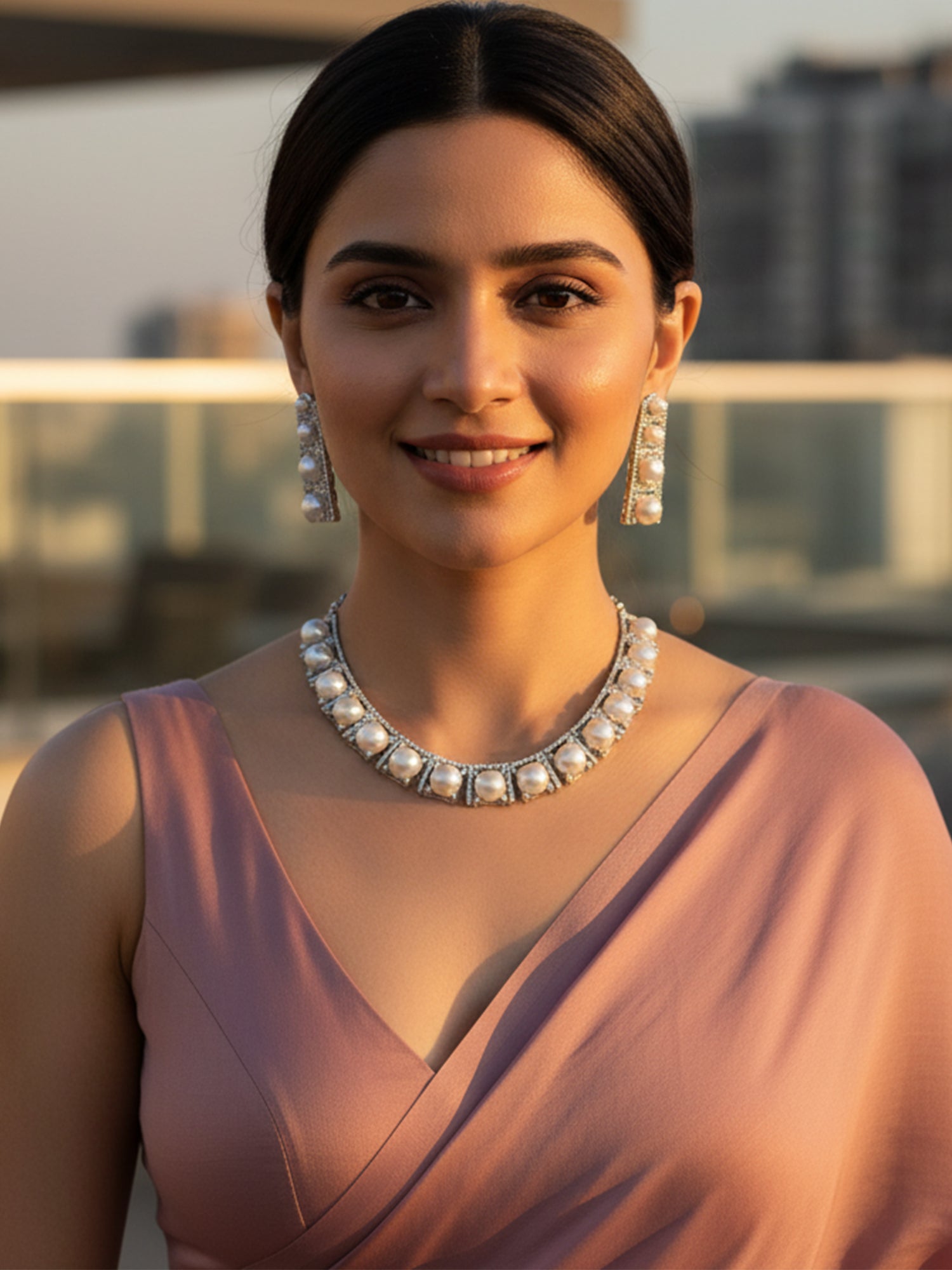 KARATCART Elegant Pearl and American Diamond Silver-Tone Jewellery Set for Women