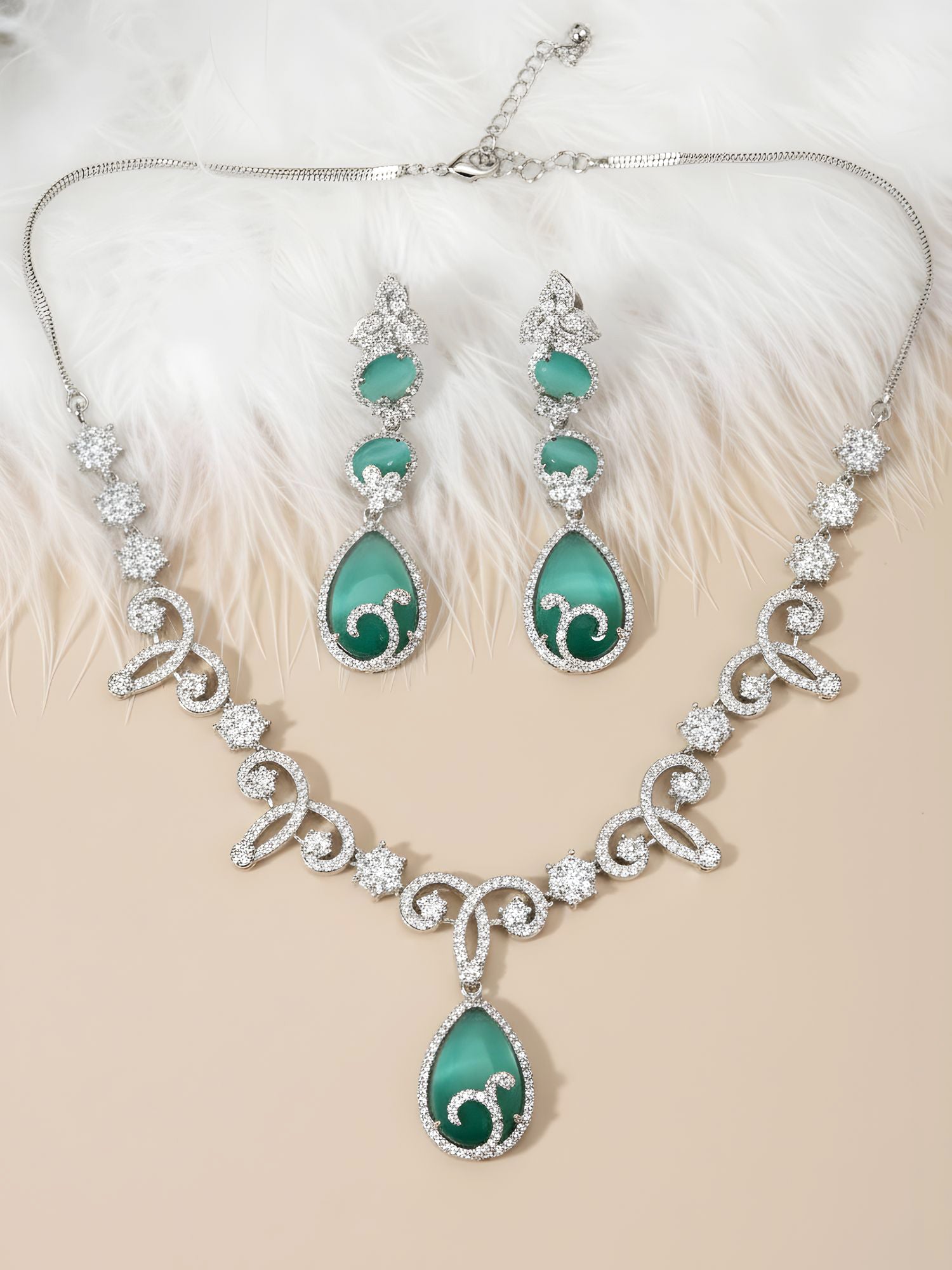 KARATCART Glamorous Lime Green American Diamond Silver-Plated Lightweight Jewellery Set for Women - Image 1