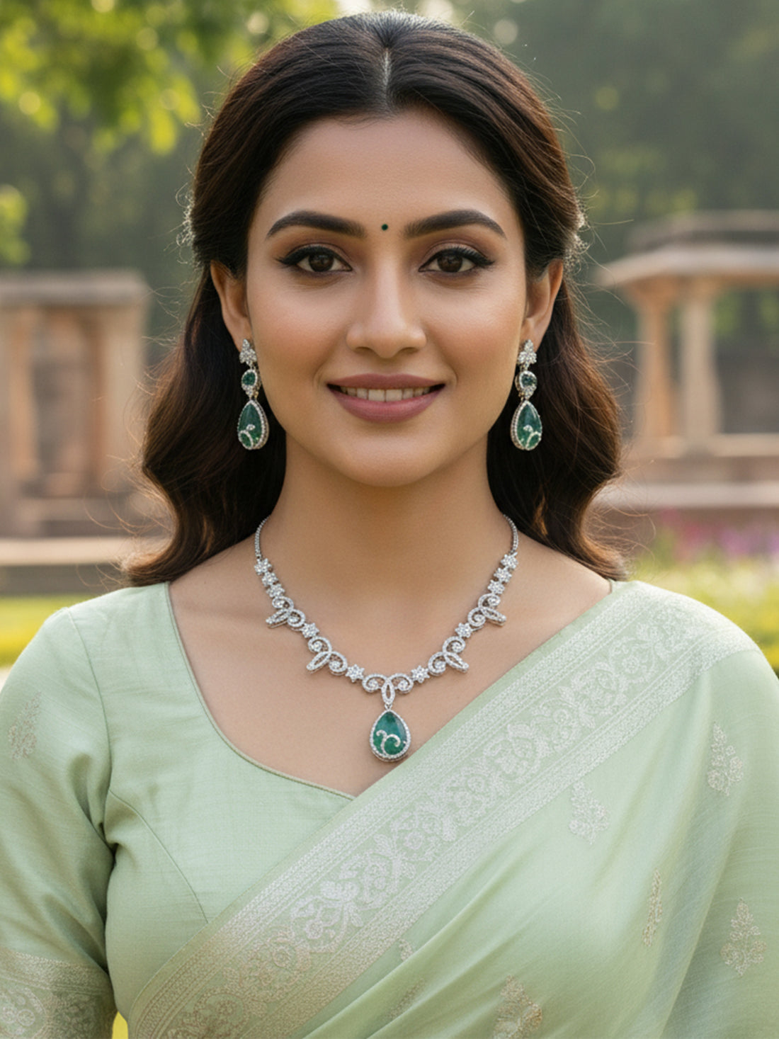 KARATCART Glamorous Lime Green American Diamond Silver-Plated Lightweight Jewellery Set for Women