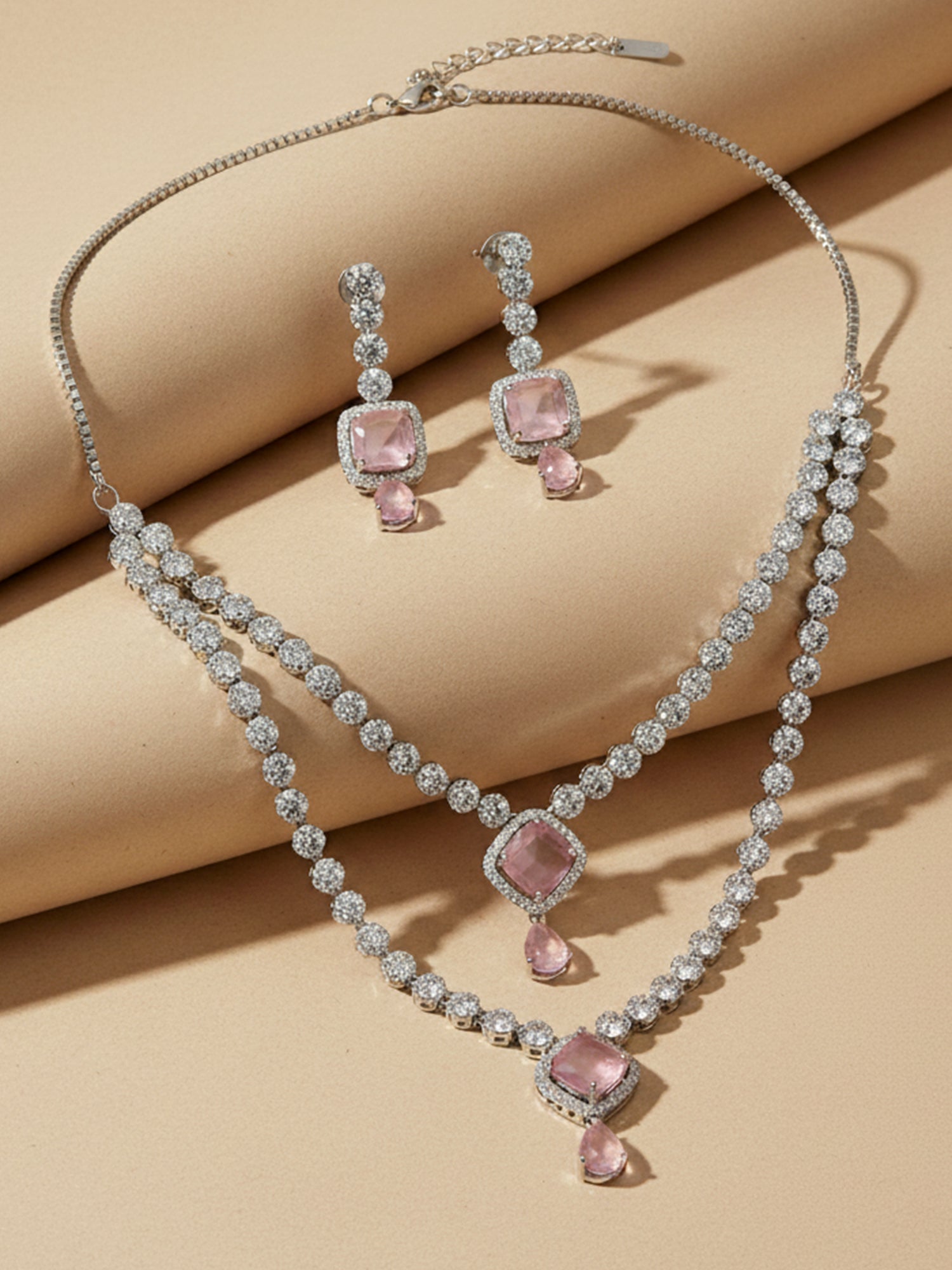 KARATCART Elegant Pink American Diamond Dual-Layer Silver-Plated Jewellery Set for Women