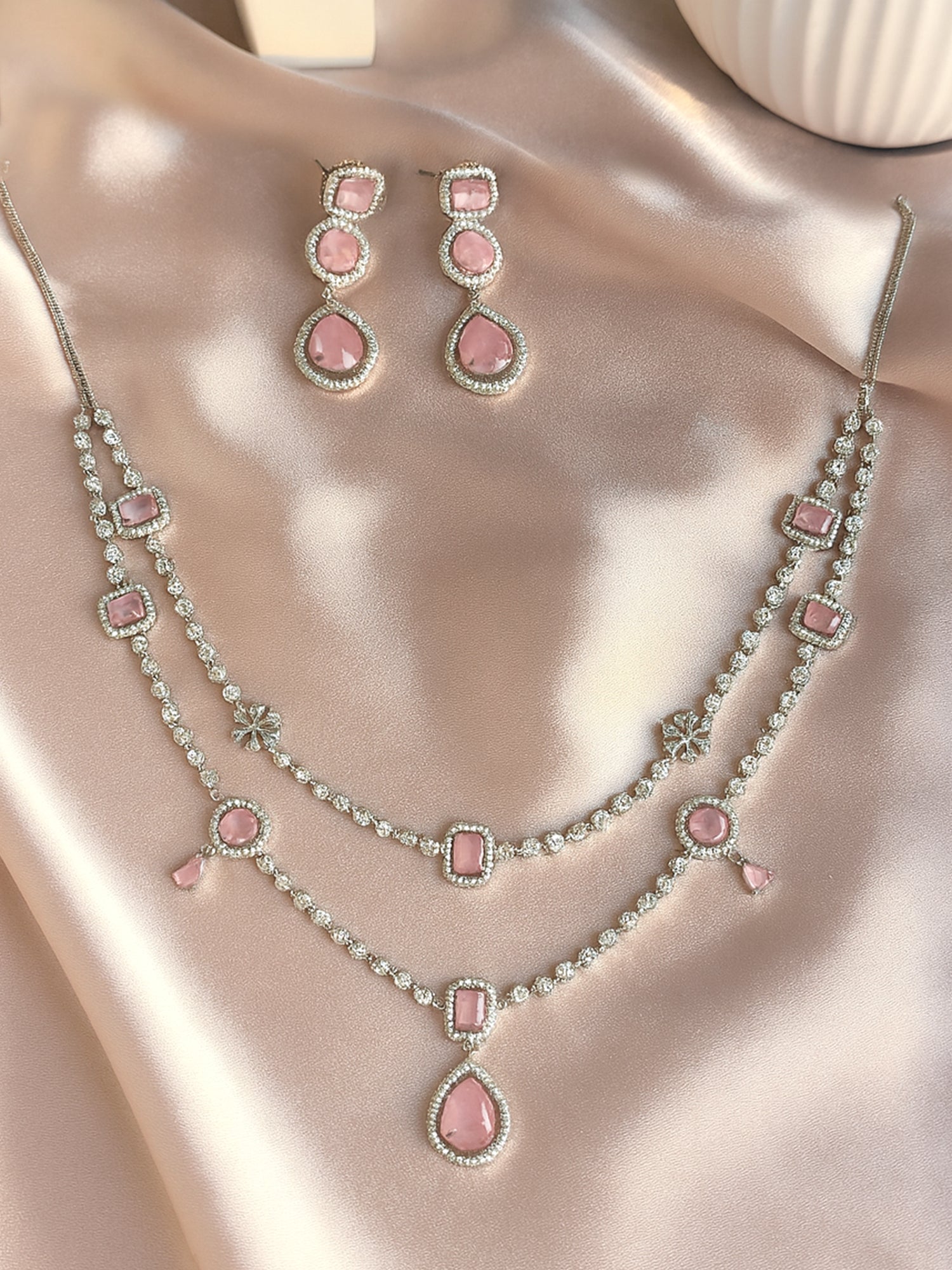 KARATCART Sparkling Pink American Diamond Dual-Layer Silver-Plated Jewellery Set for Women