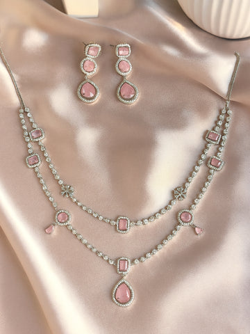 KARATCART Sparkling Pink American Diamond Dual-Layer Silver-Plated Jewellery Set for Women