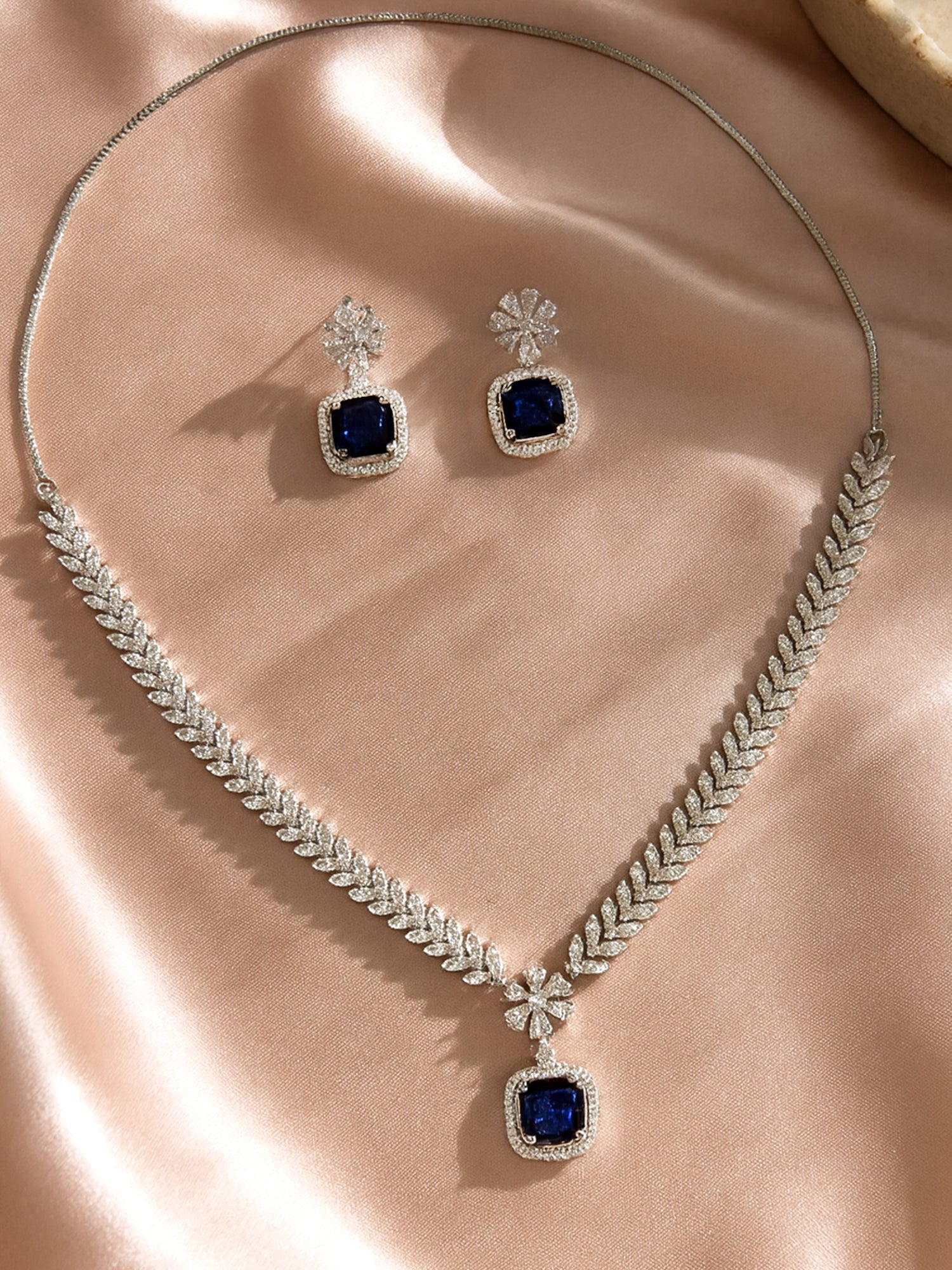 KARATCART Sparkling Blue American Diamond Lightweight Silver-Tone Jewellery Set for Women