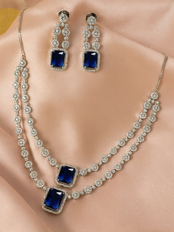 KARATCART Elegant Blue American Diamond Dual-Layer Silver-Plated Jewellery Set for Women