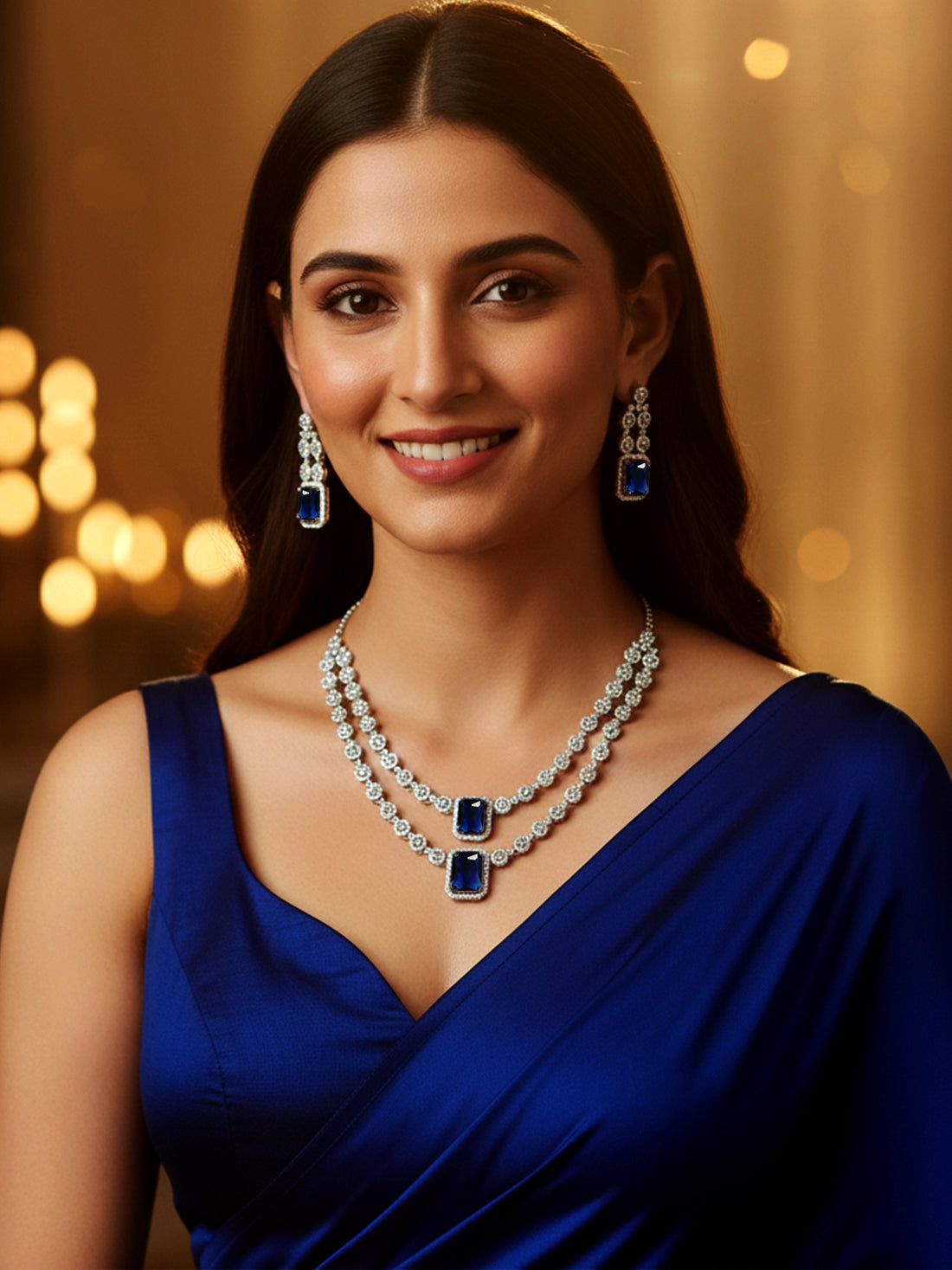 KARATCART Elegant Blue American Diamond Dual-Layer Silver-Plated Jewellery Set for Women