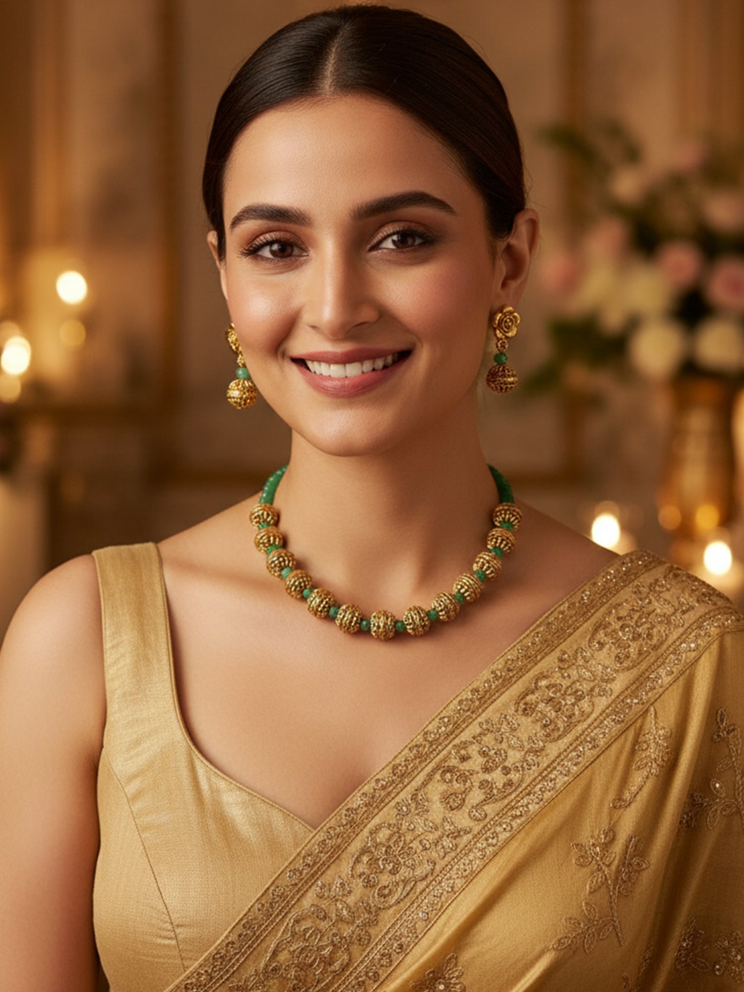 KARATCART Elegant Green Beaded Gold-Plated Traditional Necklace Set for Women