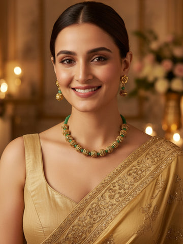 KARATCART Elegant Green Beaded Gold-Plated Traditional Necklace Set for Women