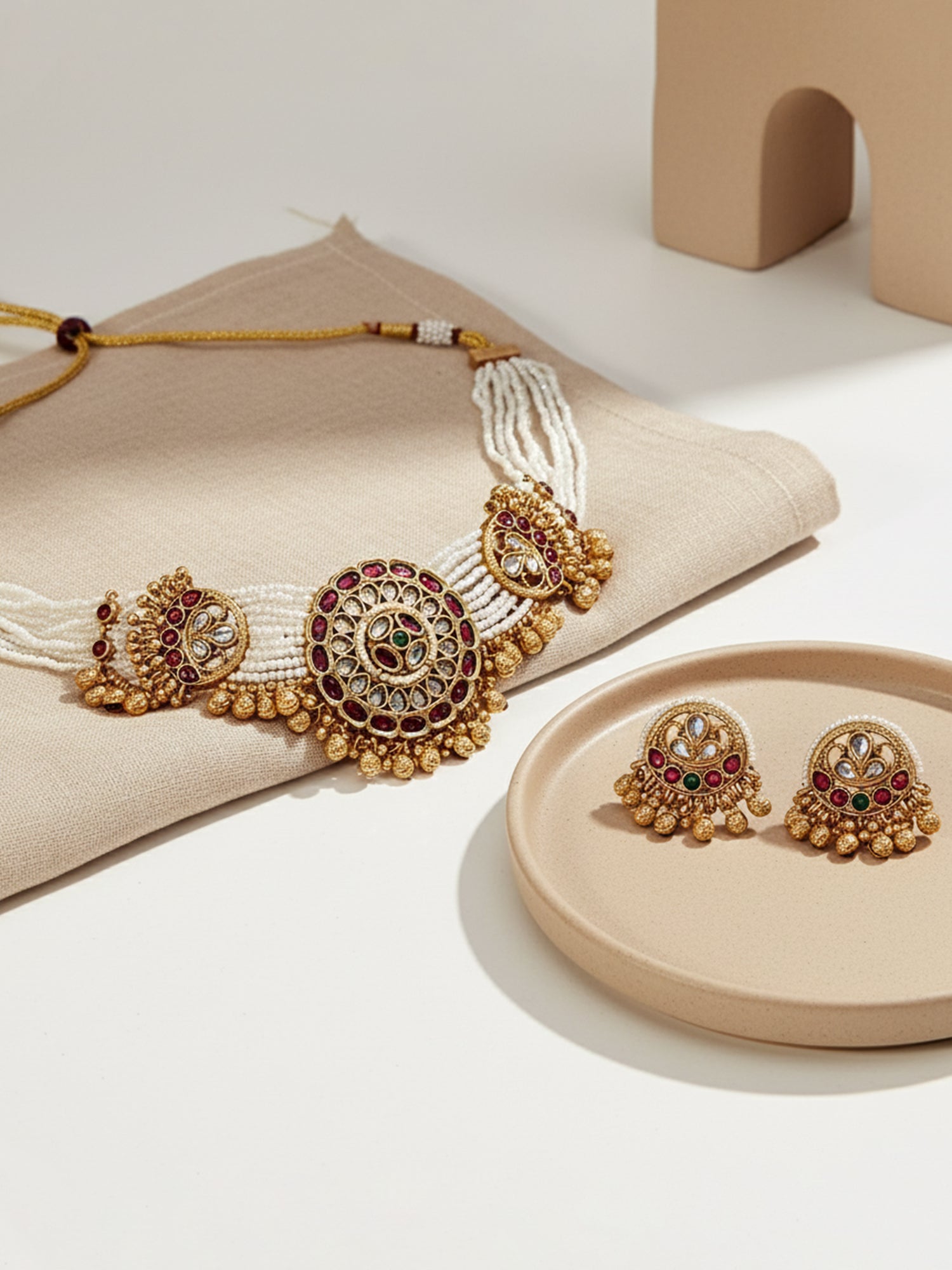 KARATCART Radiant Red & Green Stone Ethnic Gold-Plated Royal Necklace Set for Women