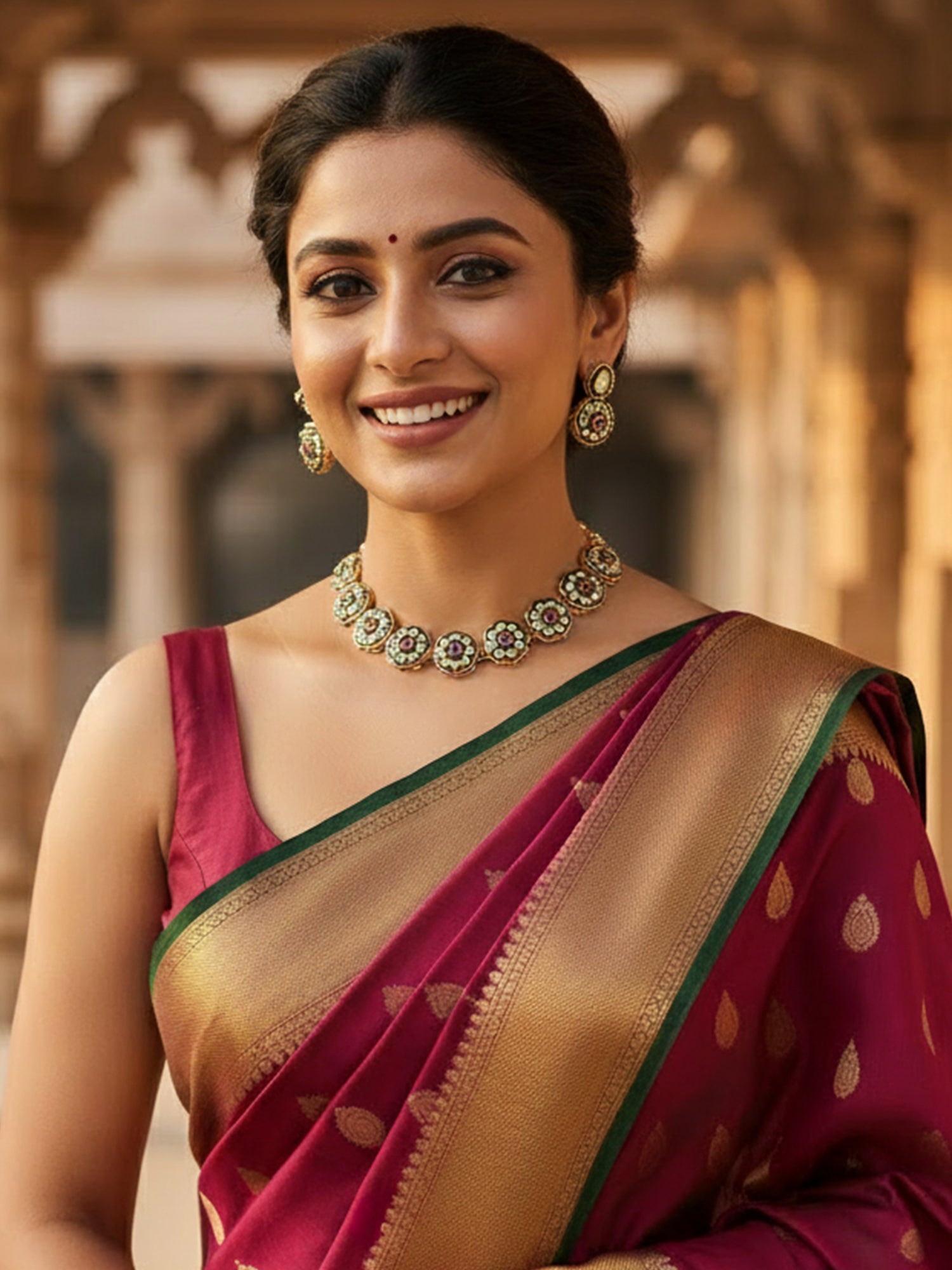 KARATCART Traditional Gold-Plated Red Stone & Green Enamel Floral Kundan Jewellery Set for Women