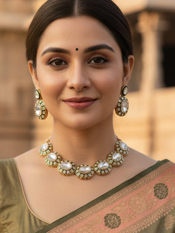 KARATCART Stunning Oval-Shaped Green Meenakari Gold-Plated Ethnic Jewellery Set for Women