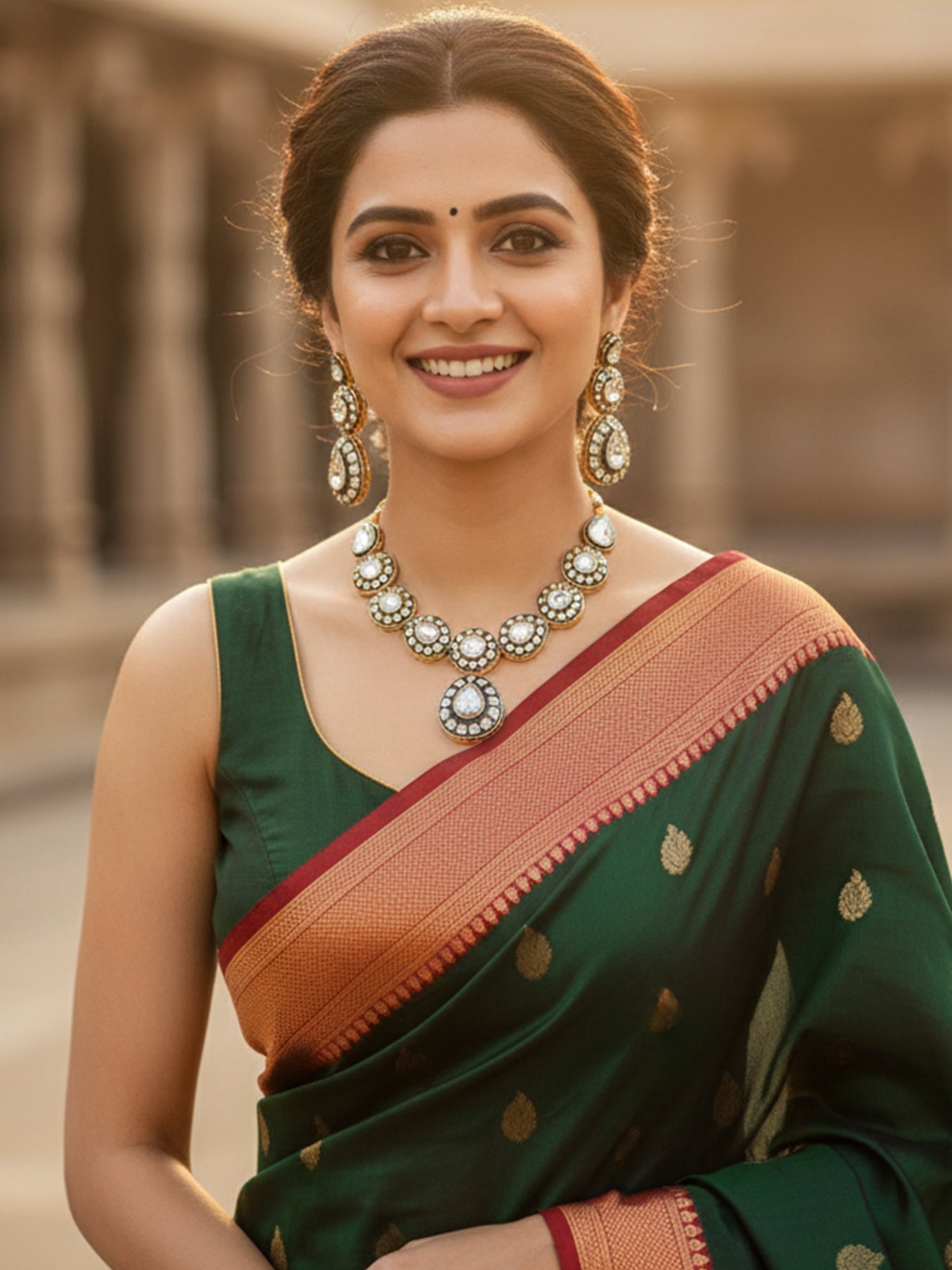 Kararcart Gold Plated Green Enamal Polki Kundan Neckalce Set for Women