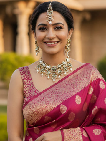 KARATCART Luxurious Green Enamel Gold-Plated Kundan Traditional Choker Necklace Set for Women