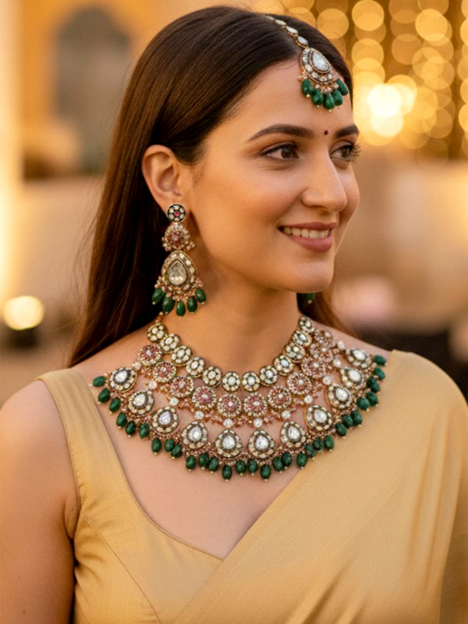 KARATCART Dazzling Red & Green Floral Gold-Plated Kundan Handcrafted Bridal Necklace Set for Women