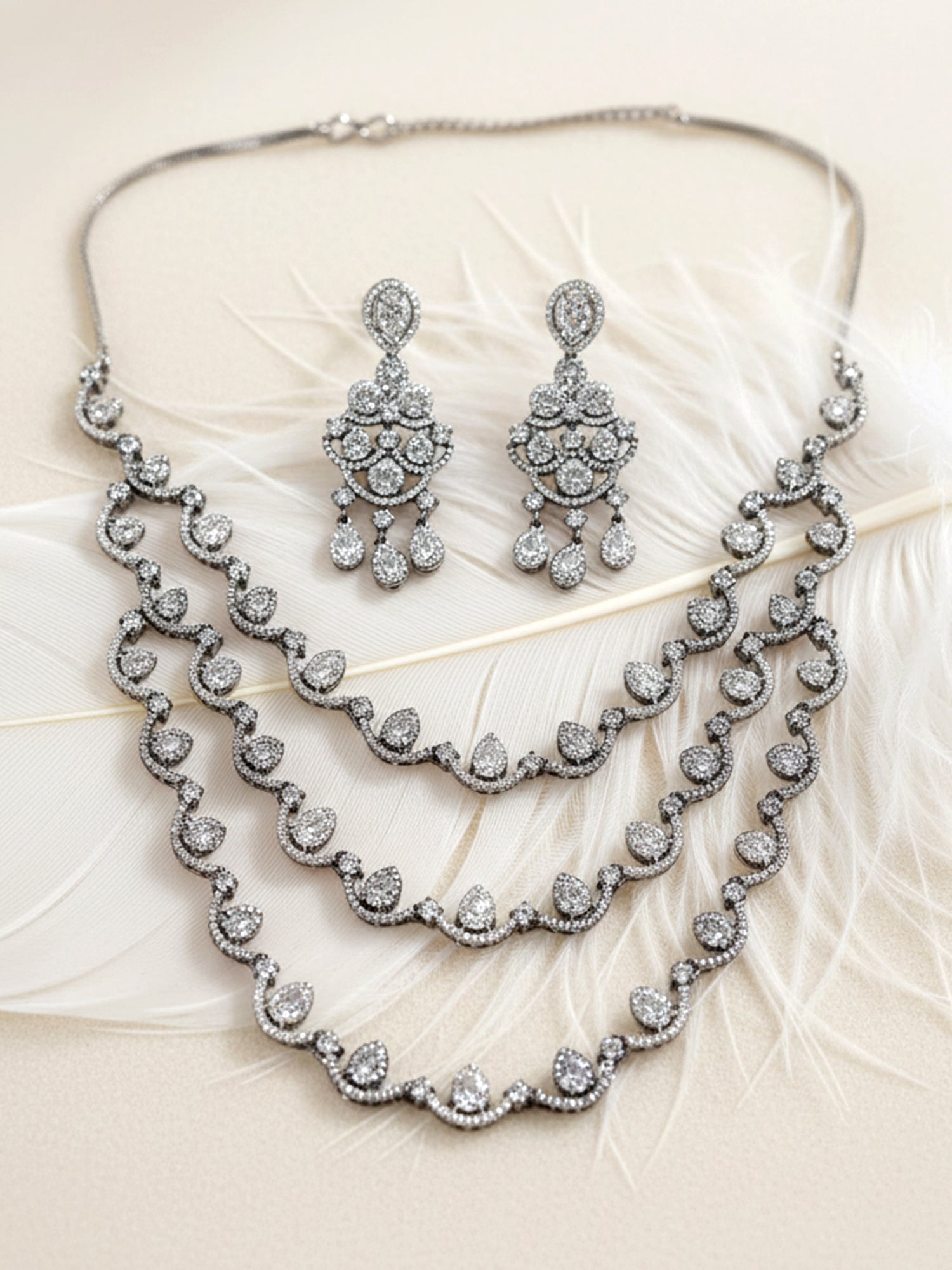 KARATCART Dazzling Black Silver-Plated Multi-Layer American Diamond Necklace Set for Women