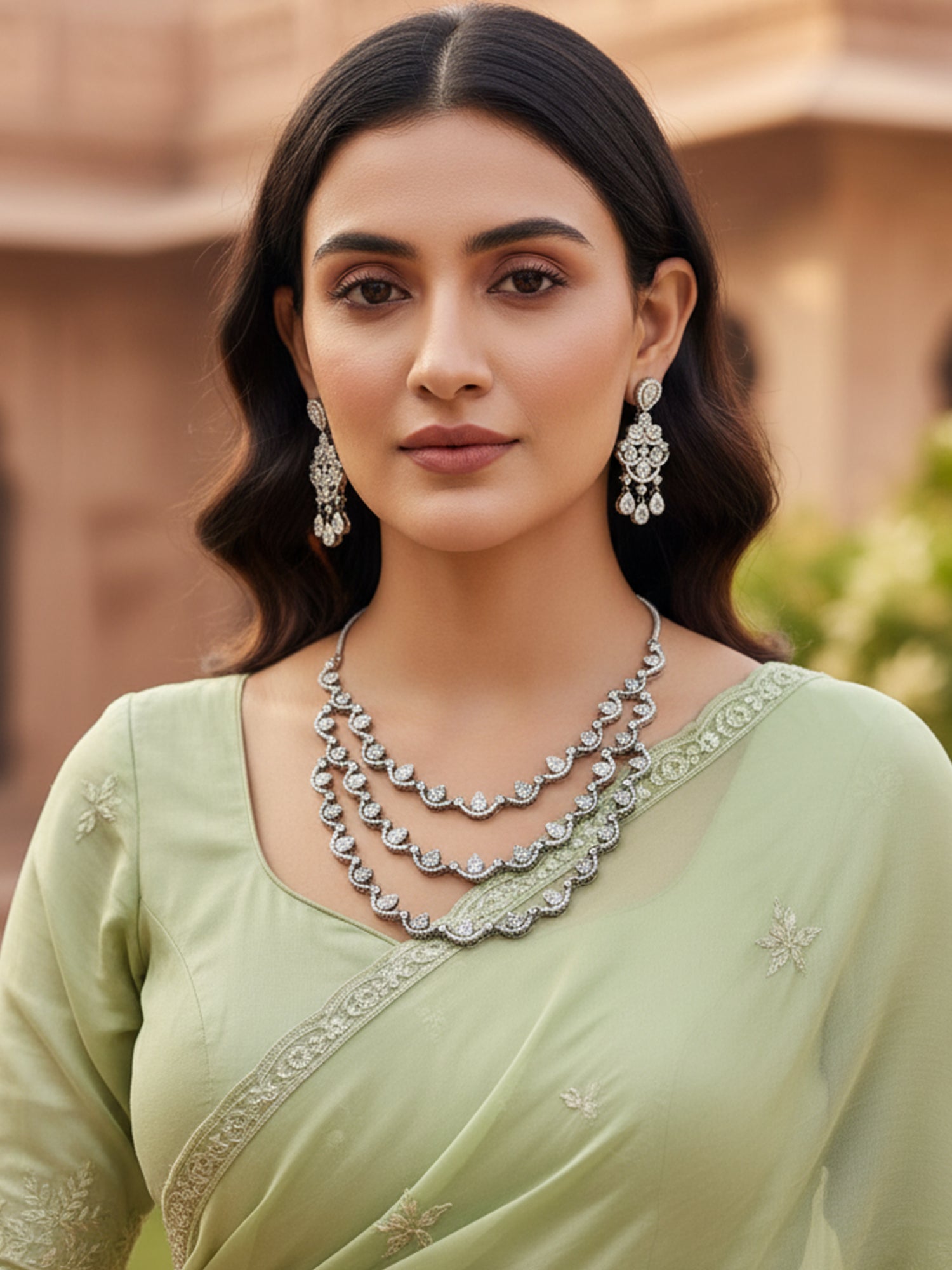 KARATCART Dazzling Black Silver-Plated Multi-Layer American Diamond Necklace Set for Women