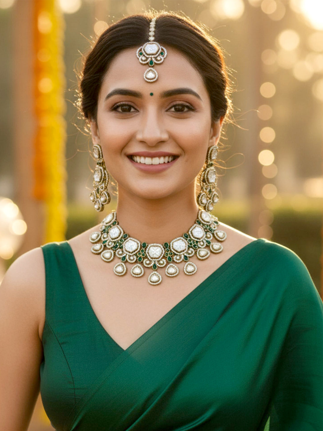 KARATCART Traditional Green Teardrop Kundan Antique Gold-Plated Jewellery Set for Women