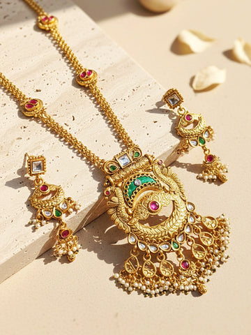 KARATCART Traditional Temple Style Green Beads Gold-Plated Rani Haar Jewellery Set for Women