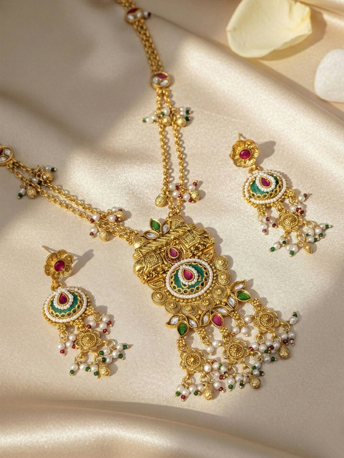 KARATCART Traditional Temple Design Gold-Plated Floral Rani Haar Jewellery Set for Women