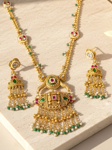 KARATCART Traditional Temple Style Green Beads Gold-Plated Rani Haar Jewellery Set for Women