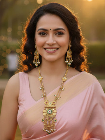 KARATCART South Indian Temple Style Gold-Plated Floral Rani Haar Jewellery Set for Women