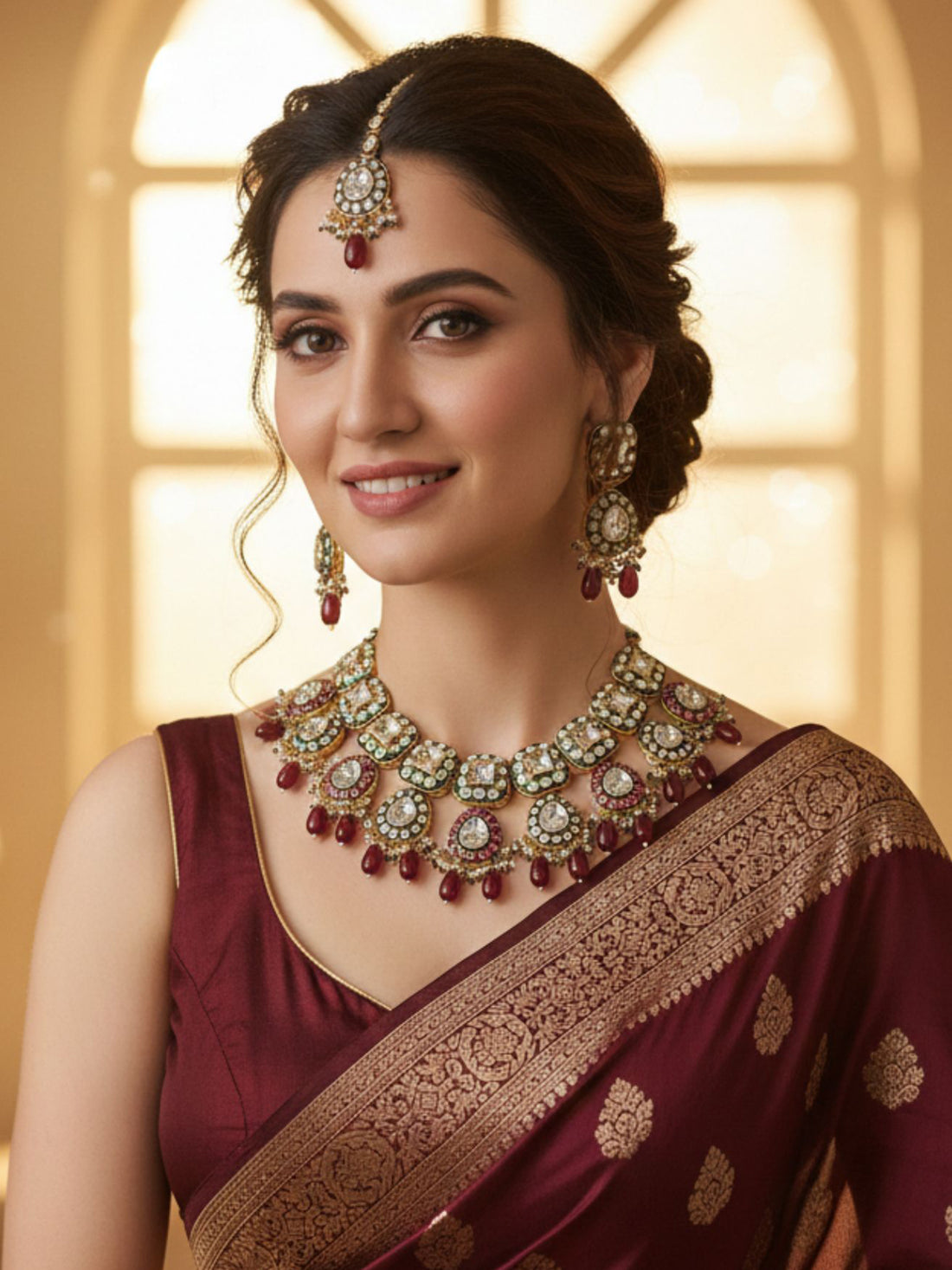 KARATCART Designer Bridal Wear Red Beads Kundan Gold-Plated Jewellery Set for Women