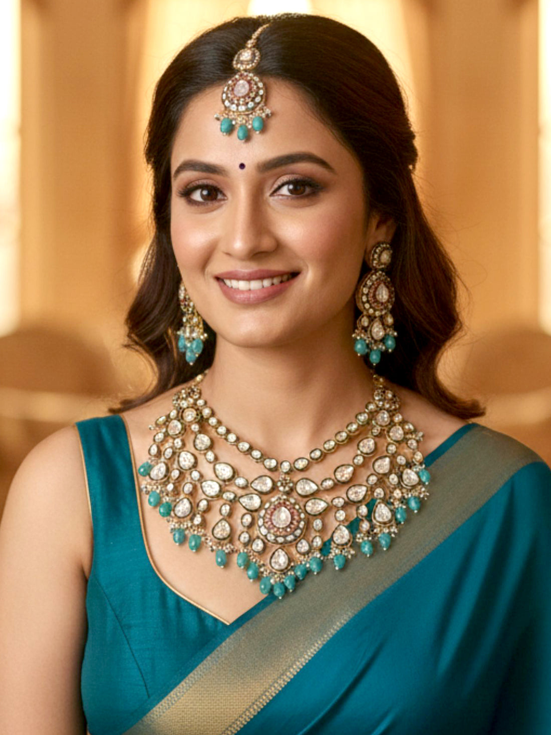 KARATCART Designer Gold-Plated Sea Blue Drop Beads Kundan Bridal Jewellery Set for Women