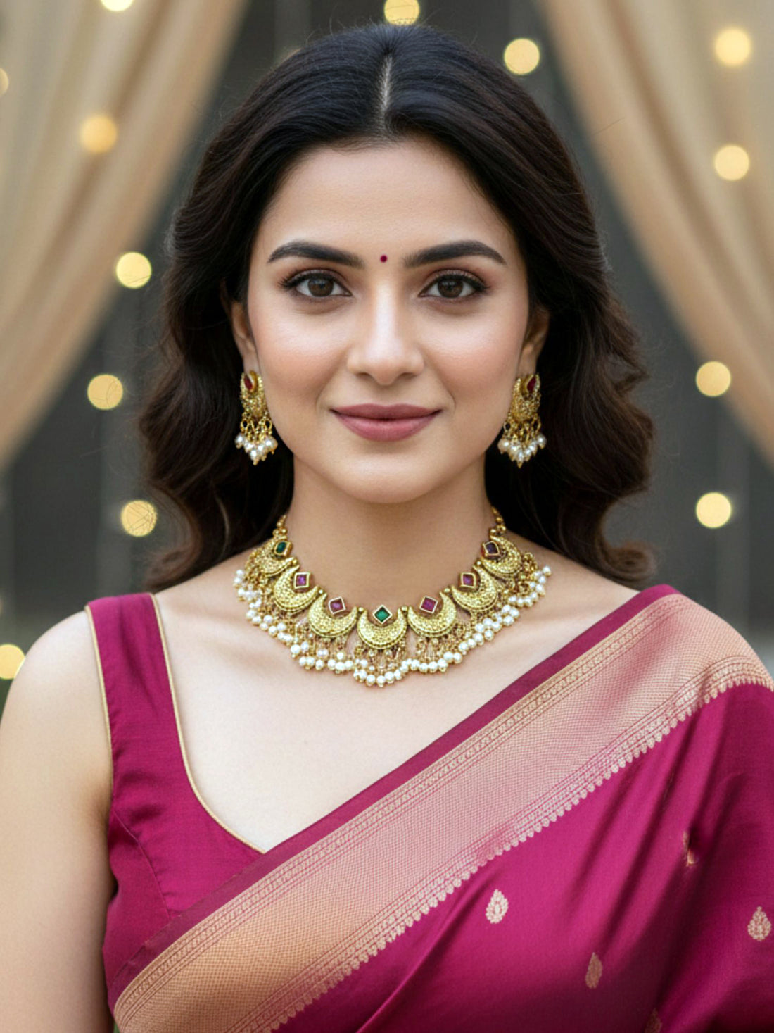 KARATCART South Indian Temple Design Red Green Stone Gold-Plated Choker Jewellery Set for Women