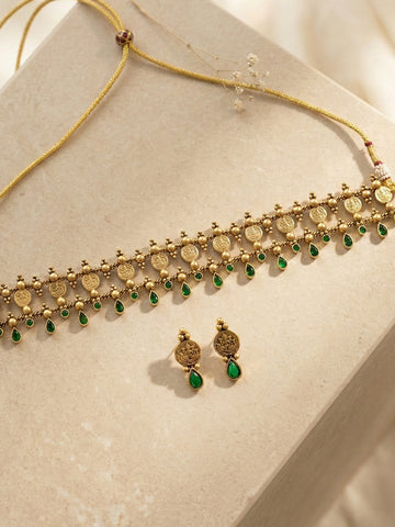 KARATCART Traditional Temple Coin Design Green Stone Gold-Plated Choker Jewellery Set for Women