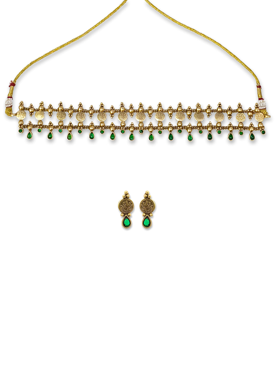 KARATCART Traditional Temple Coin Design Green Stone Gold-Plated Choker Jewellery Set for Women