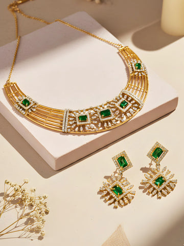 KARATCART Classic Gold Plated Green American Diamond Jewellery Set for Women