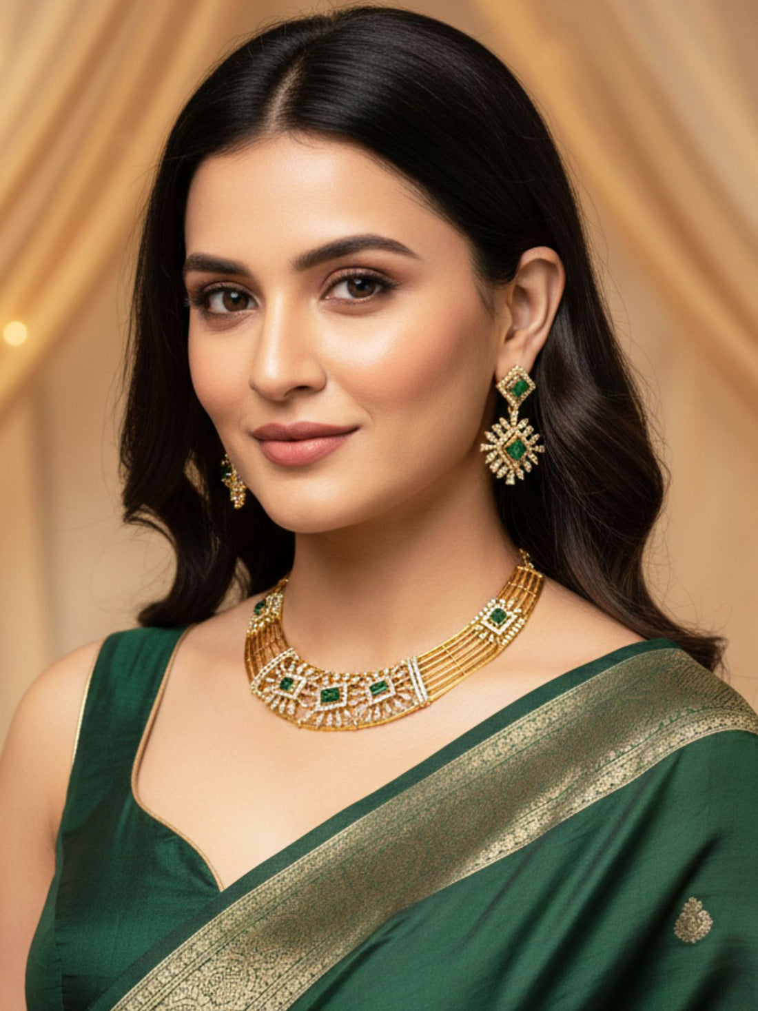 KARATCART Classic Gold Plated Green American Diamond Jewellery Set for Women