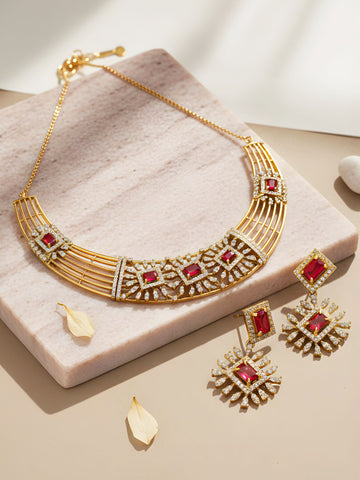 KARATCART Classic Gold Plated Red American Diamond Jewellery Set for Women