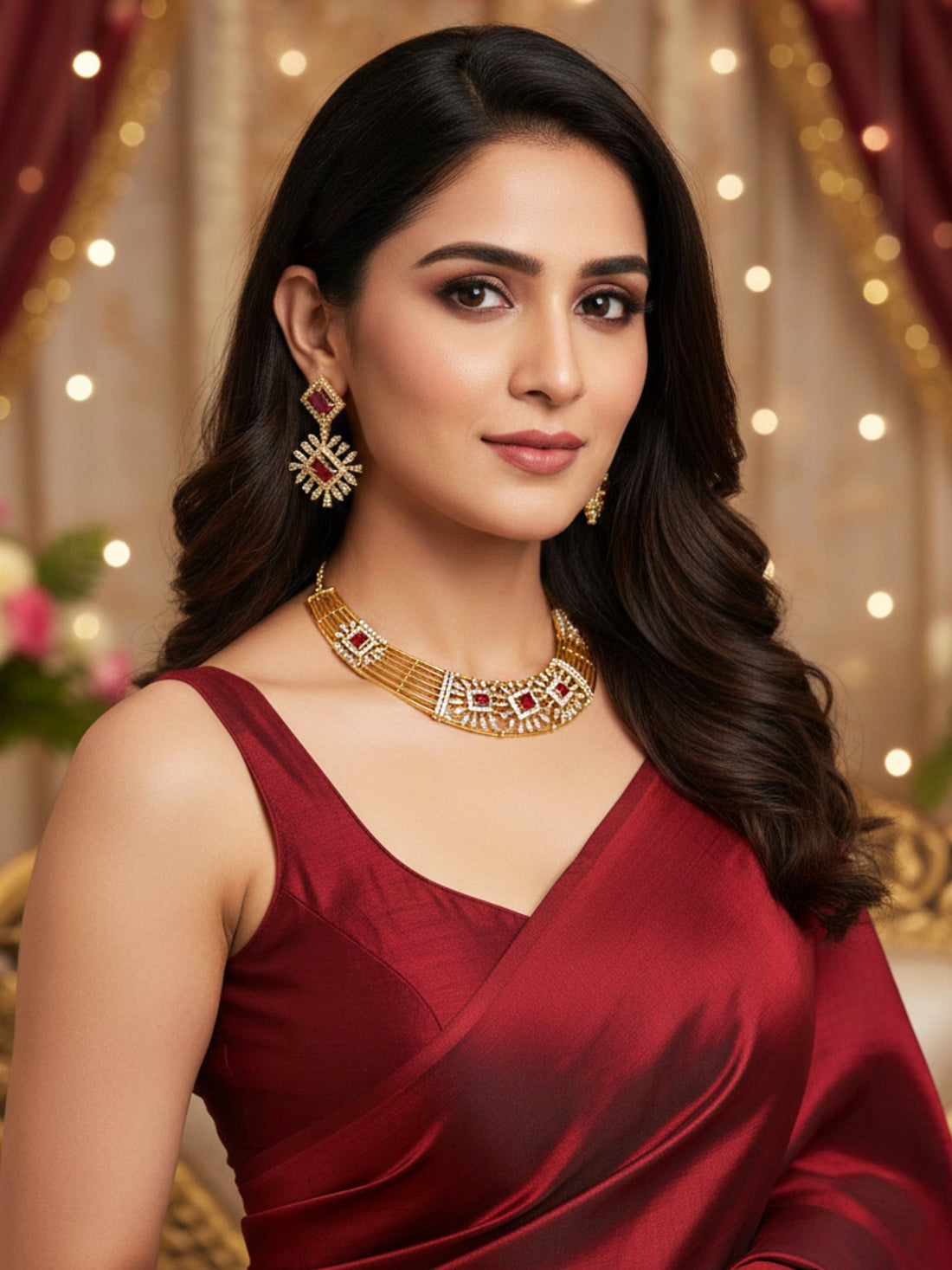 KARATCART Classic Gold Plated Red American Diamond Jewellery Set for Women