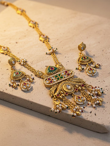 KARATCART Traditional Temple Design Red Green Stone Gold-Plated Rani Haar Jewellery Set for Women