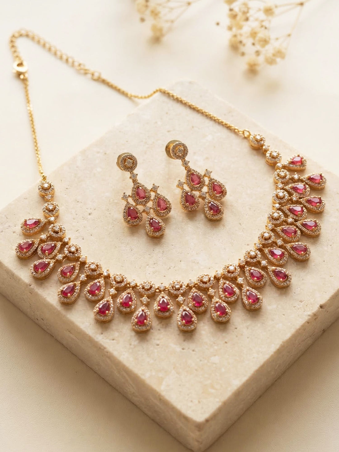 KARATCART Classic Gold-Plated Red Teardrop American Diamond Jewellery Set for Women