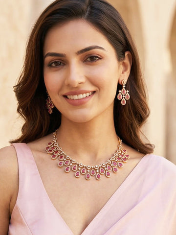 KARATCART Classic Gold-Plated Red Teardrop American Diamond Jewellery Set for Women