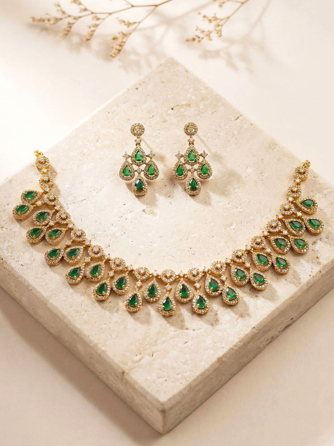 KARATCART Classic Gold-Plated Green Teardrop American Diamond Jewellery Set for Women