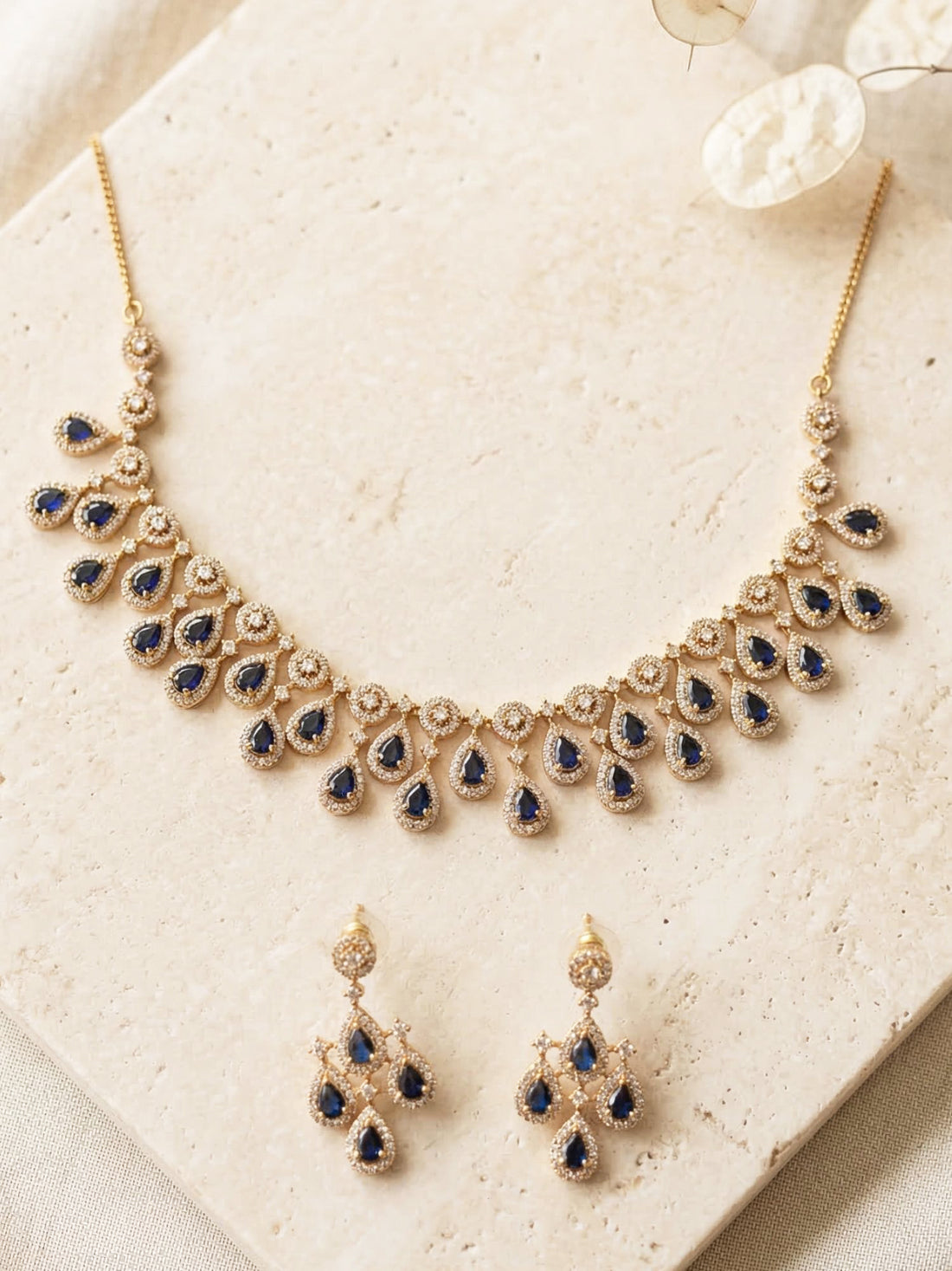 KARATCART Classic Gold-Plated Blue Teardrop American Diamond Jewellery Set for Women